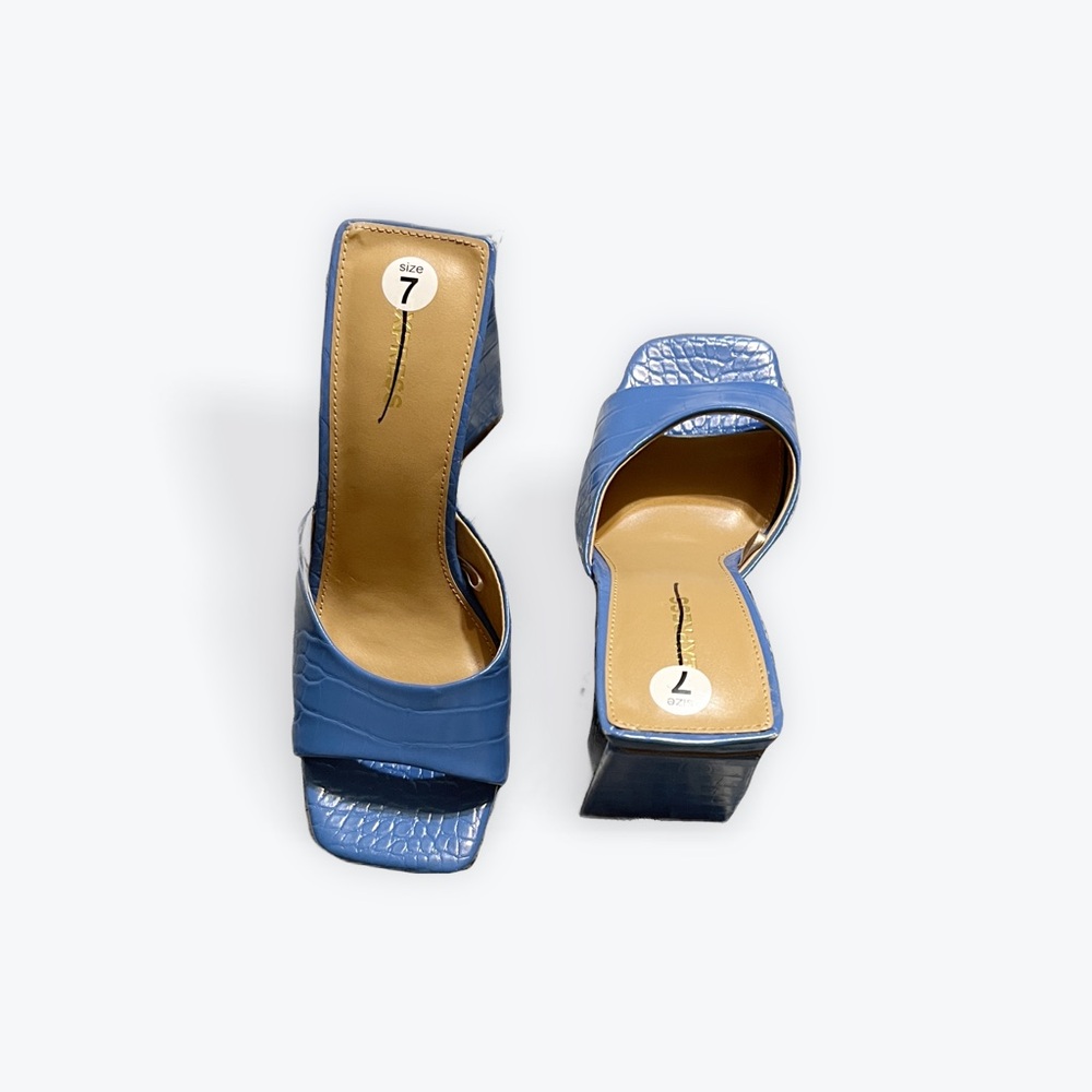 Express blue mules with 3.5 inch square heels